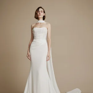 La Premiere Calista Wedding Dress - Boho, Modern Fit and Flare Bridal Gown with Natural Waist, Sweetheart Strapless Neckline, Sleeveless, Asymmetrical Rouching Draping Waist Detail in Chiffon Fabric. Cover Image