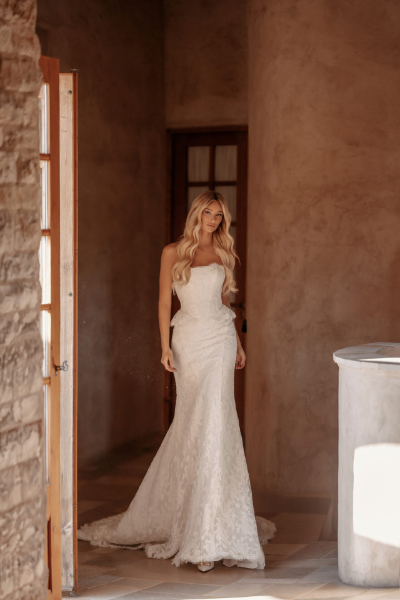 Martina Liana 2042 Wedding Dress - Modern, Timeless Classic Fit and Flare Bridal Gown with Basque Waist, Straight Strapless Neckline, Texture Details and Lace Fabric.