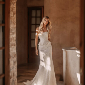 Martina Liana 2042 Wedding Dress - Modern, Timeless Classic Fit and Flare Bridal Gown with Basque Waist, Straight Strapless Neckline, Texture Details and Lace Fabric.