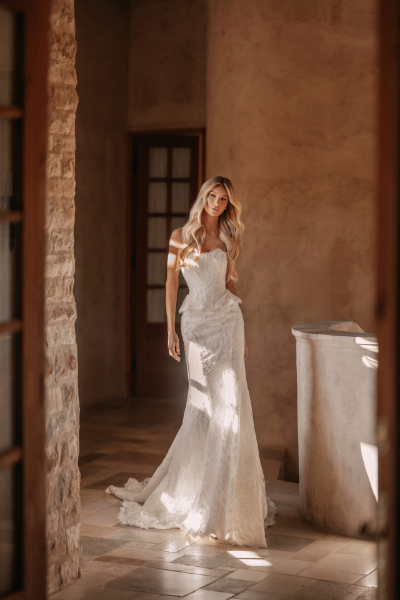 Martina Liana 2042 Wedding Dress - Modern, Timeless Classic Fit and Flare Bridal Gown with Basque Waist, Straight Strapless Neckline, Texture Details and Lace Fabric.