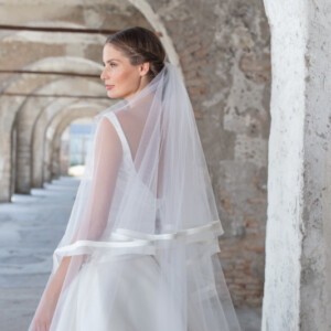 Peter Langner 1163 Odelia Wedding Veil - Oval shaped veil in tulle with silk satin and organza trim, with blusher.