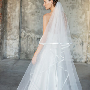 Peter Langner 1186 Wedding Veil - Oval Shaped Veil in Tulle Fabric with Silk Satin Ribon Detail and Blusher.