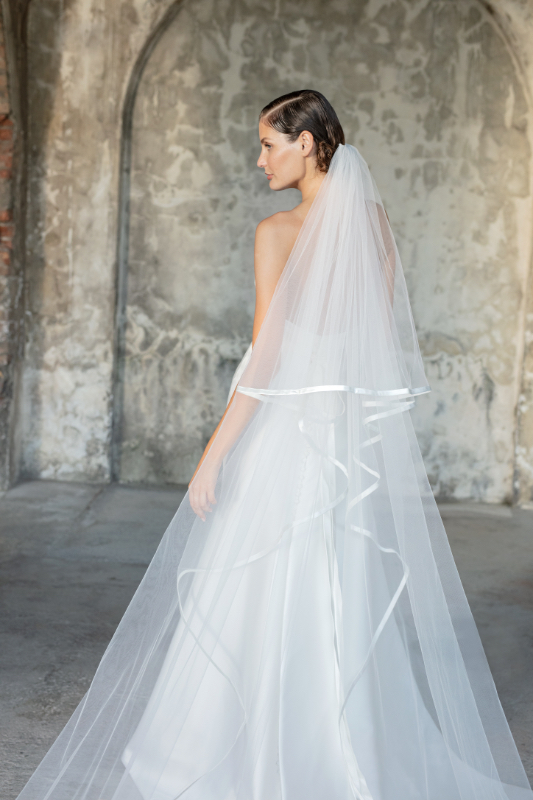 Peter Langner 1186 Wedding Veil - Oval Shaped Veil in Tulle Fabric with Silk Satin Ribon Detail and Blusher.