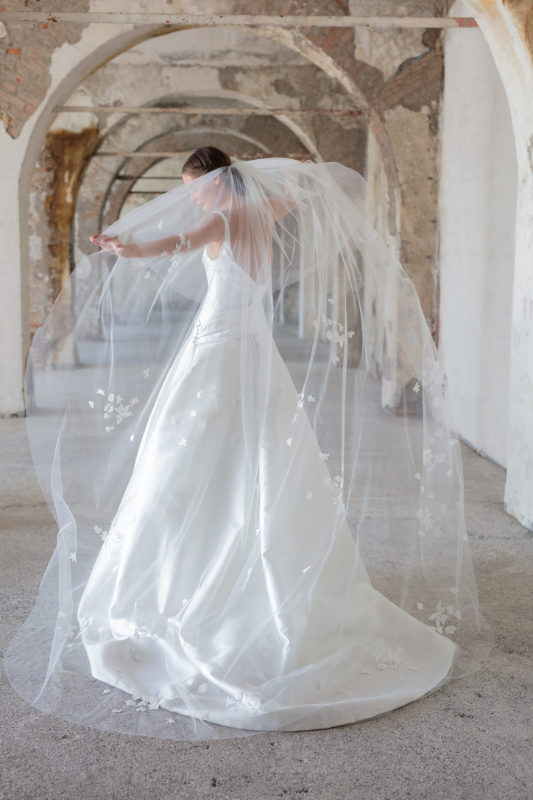 Peter Langner 1632 Wedding Veil - Oval Shaped Veil in Tulle Fabric with Petal Lace Detail and Blusher.