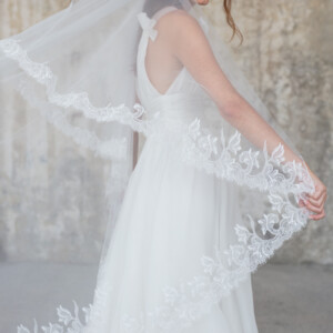 Peter Langner 1935 Wedding Veil - Oval Shaped Veil in Tulle Fabric with Floral Lace Trim and Blusher.