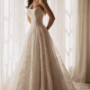 Martina Liana 2070 Wedding Dress - Romantic Modern A-Line Bridal Gown with Princess Seams, Strapless Cat-Eye Neckline, Corset Detail and Lace Fabric.
