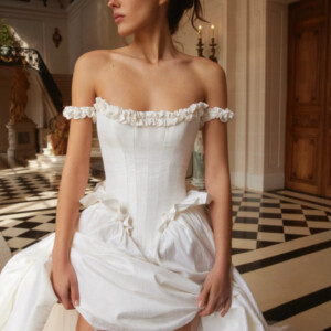 Netta BenShabu Juliet Wedding Dress - Couture Modern Bridal Gown with Basque Drop Waist, Straight Cat-Eye Neckline, Off the shoulder straps and, Corset Bodice