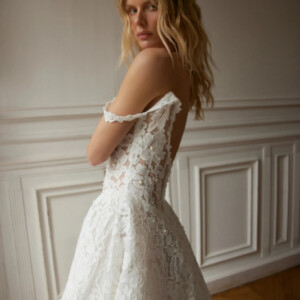 Netta BenShabu Hazel Wedding Dress - Modern Romantic Bridal Gown with Drop Basque Waist, Straight Strapless Neckline, Texture, Corset, Low Back Details in Lace.