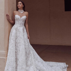Calla Blanche Darlene Wedding Dress - Glamorous Classic Modern A-Line Bridal Gown with Natural Waist, Sweetheart Strapless Neckline, Floral Details and Lace Fabric.