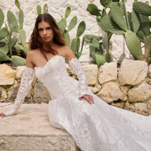 La Premiere Divina Wedding Dress - Romantic Sexy Glamorous A-Line Bridal Gown with Drop Waist, Princess Seams, Strapless Sweetheart Neckline, Long Sleeves and Lace Floral Details.