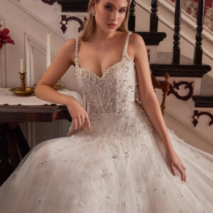 Calla Blanche Atarah Wedding Dress - Couture Modern Romantic A-Line Bridal Gown with Natural Waist, Sweetheart Neckline, Straps, Beaded, Corset and Low Back Details.
