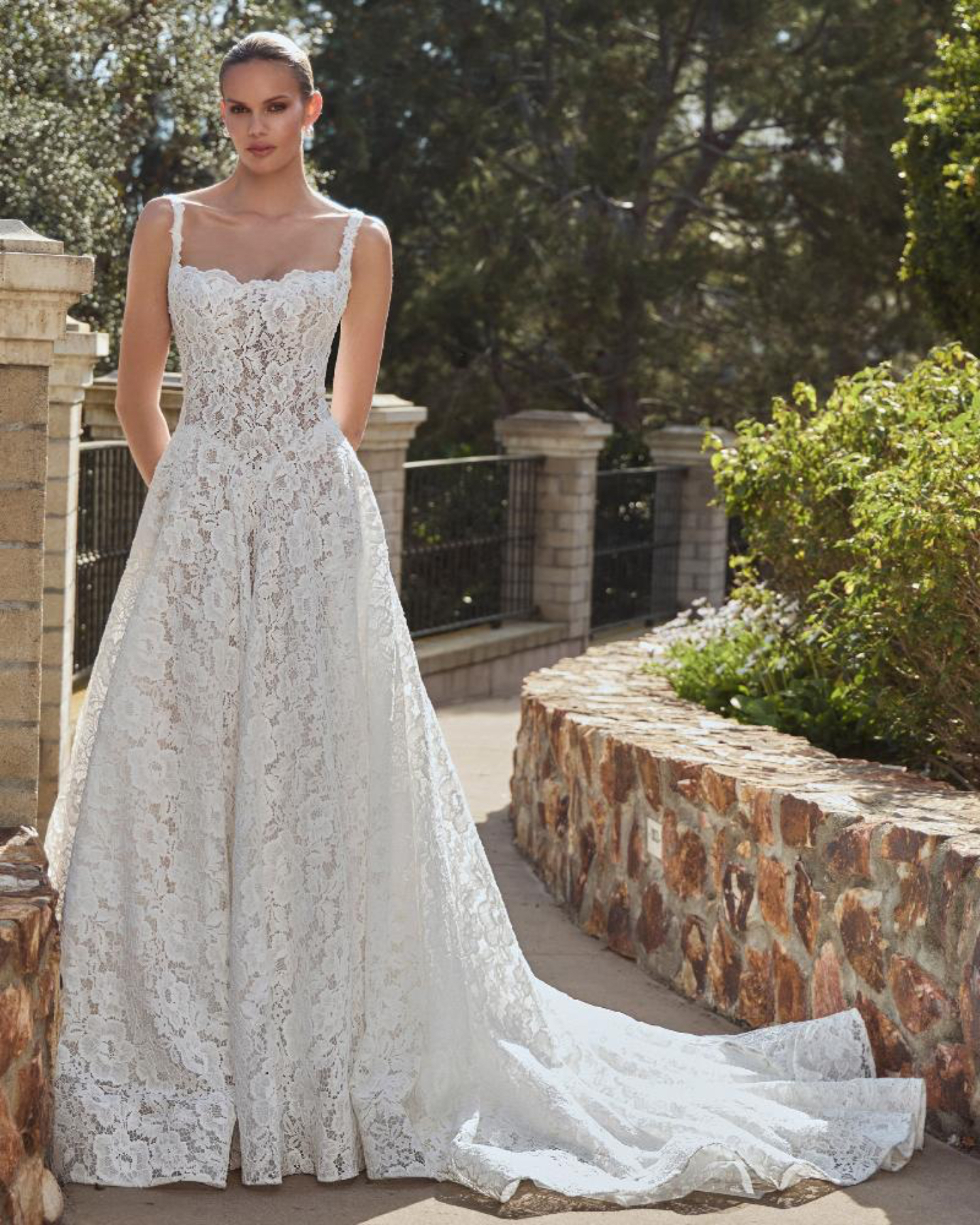 Calla Blanche Dara Wedding Dress - Romantic Sexy Corsetry A-Line Bridal Gown with Drop Basque Waist, Straight Neck, Straps, Low Back, Floral Details and Lace Fabric.