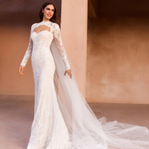 Pronovias Tzoe Wedding Bolero - Couture Romantic Bridal Jacket with High Neck, Long Sleeves, Texture and Lace Fabric.