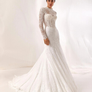 Pronovias Veinra Wedding Dress - Clean Modern Timeless Classic Fit and Flare Bridal Gown with Natural Waist, High Neck, Illusion Sweetheart Neckline, Long Sleeves, Beaded, Texture Details and Lace Fabric.