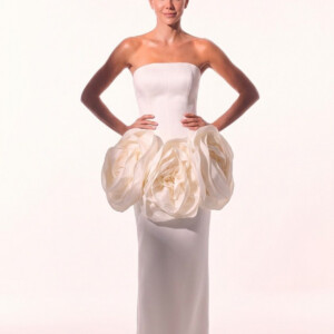 Stephanie Cachapuz Barbara Wedding Dress - Romantic Unique Modern A-Line Bridal Gown with Straight Strapless Neckline, Princess Seams and Big 3D Floral Detail in Waist.