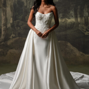 Sottero & Midgley Petra Wedding Dress - Couture Modern Romantic Sexy A-Line Bridal Gown with Drop Basque Waist, Sweetheart Strapless Cat-Eye Neckline, Floral Texture Beaded Detail and Satin Fabric.