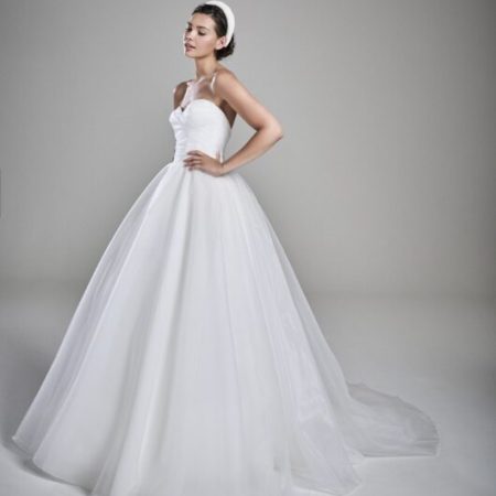 Suzanne Neville Ava Wedding Dress - Ball gown style with sleeveless fitted draped bodice, sweetheart neckline and tulle fabric.